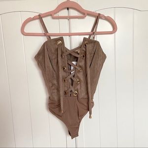 Brown suede laceup front bodysuit
